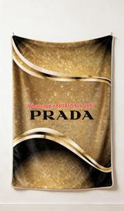 Prada Shiny Gold Glitter Logo Printed Flannel Throw Blanket IMG_2761